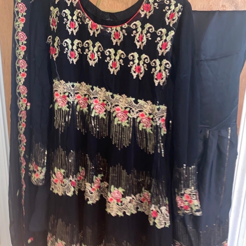 Elegant Navy Blue Floral Embroidered Sharara Dress
